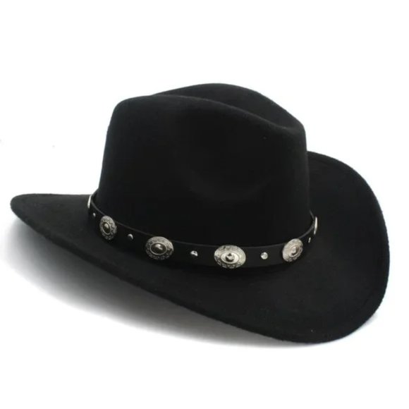NEW Black Silver Concho Leather Band Embellished Felt Cowboy Cowgirl Wes main image 7